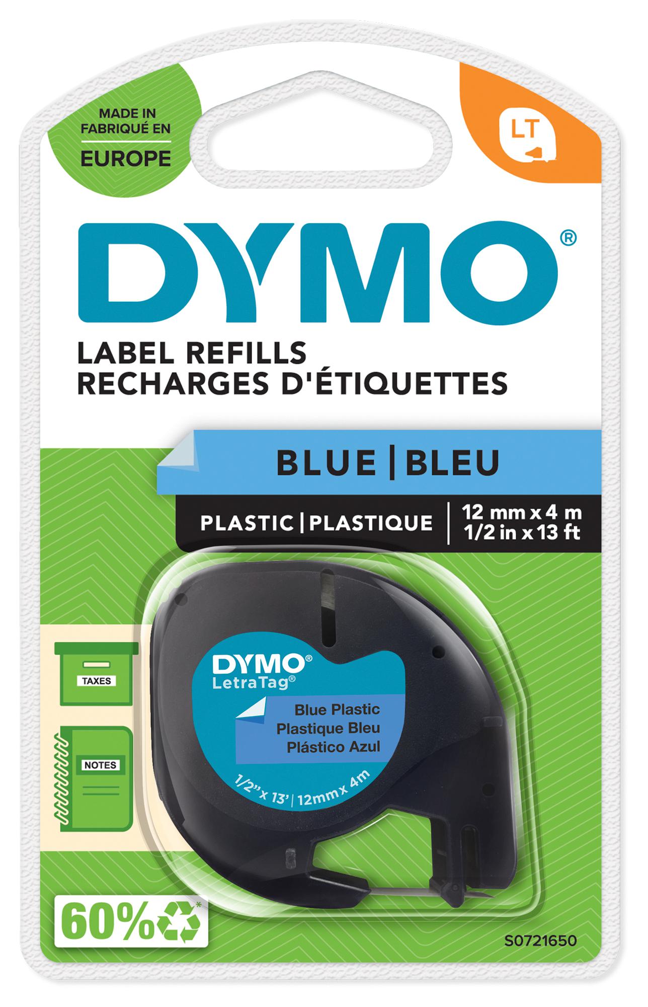 Dymo S0721650 Label, Tape, Plastic, Blue, 12Mmx4M