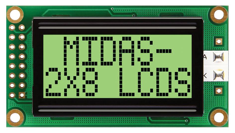 Midas Displays Mc20805A6W-Gptly-V2 Display, Alphanumeric, 8X2, Yellow/grn