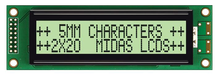 Midas Displays Mc22005A6W-Gptly-V2 Display, Alphanumeric, 20X2, Yellow/grn