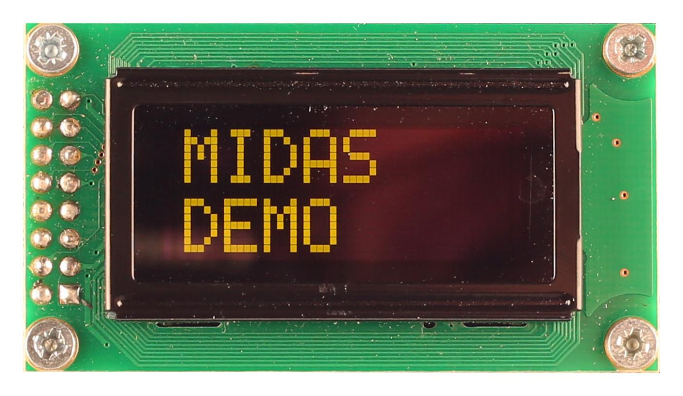 Midas Displays Mcob20805Av-Eyp Oled, 2X8, Yellow/green On Black