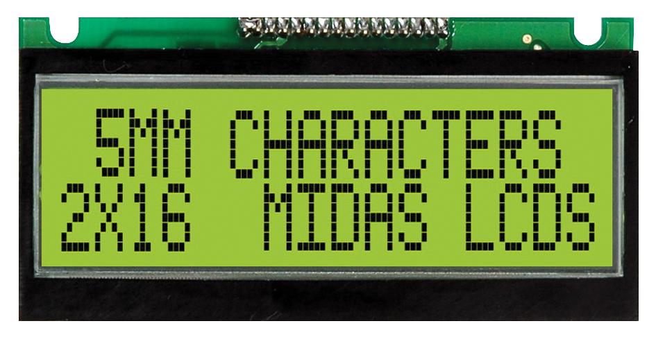 Midas Displays Mc21605F6We-Sptly Lcd, 2X16, Stn, Ylw/green B/l, 5Mm