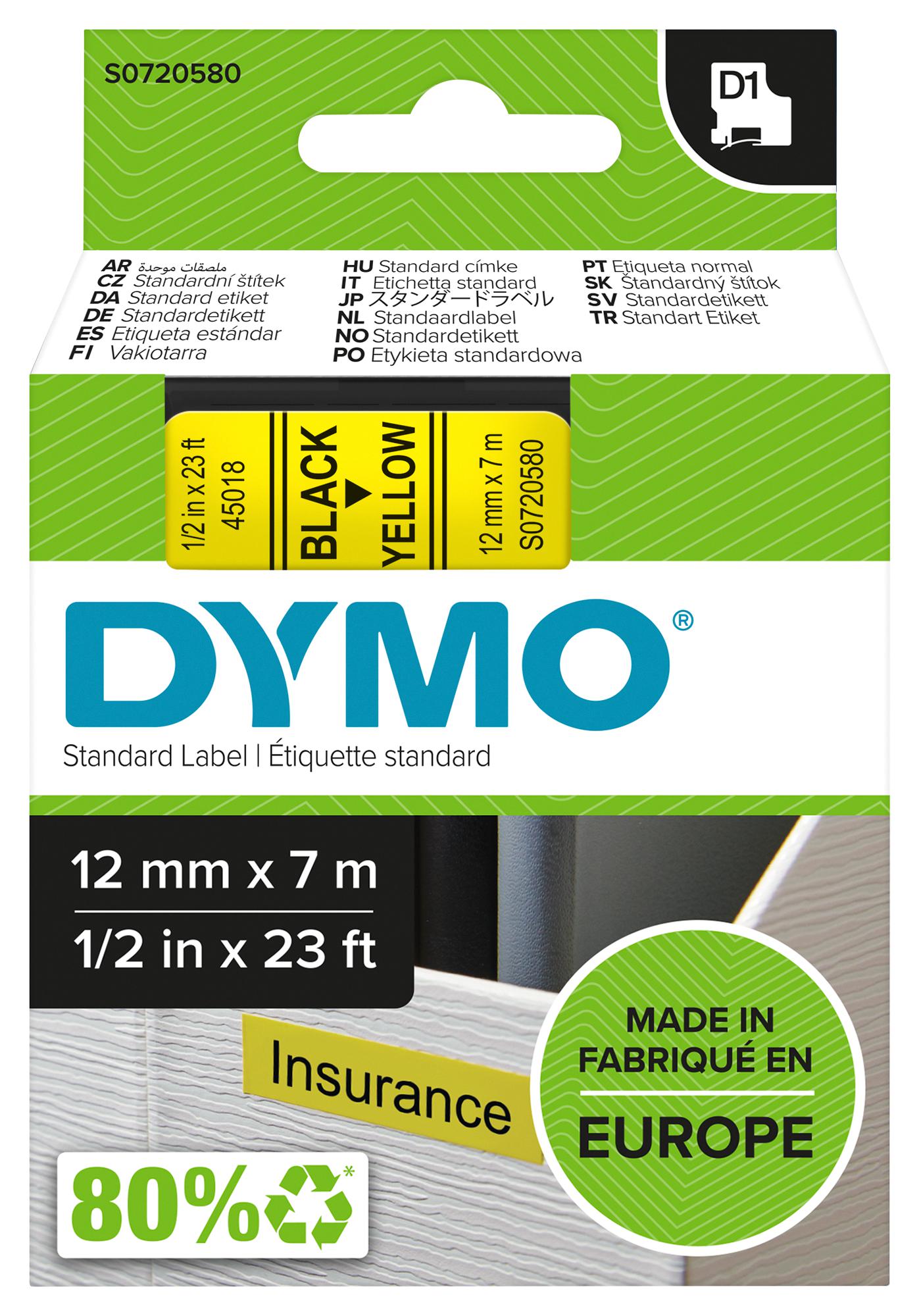 Dymo 45018 Tape, Black/yellow, 12Mm