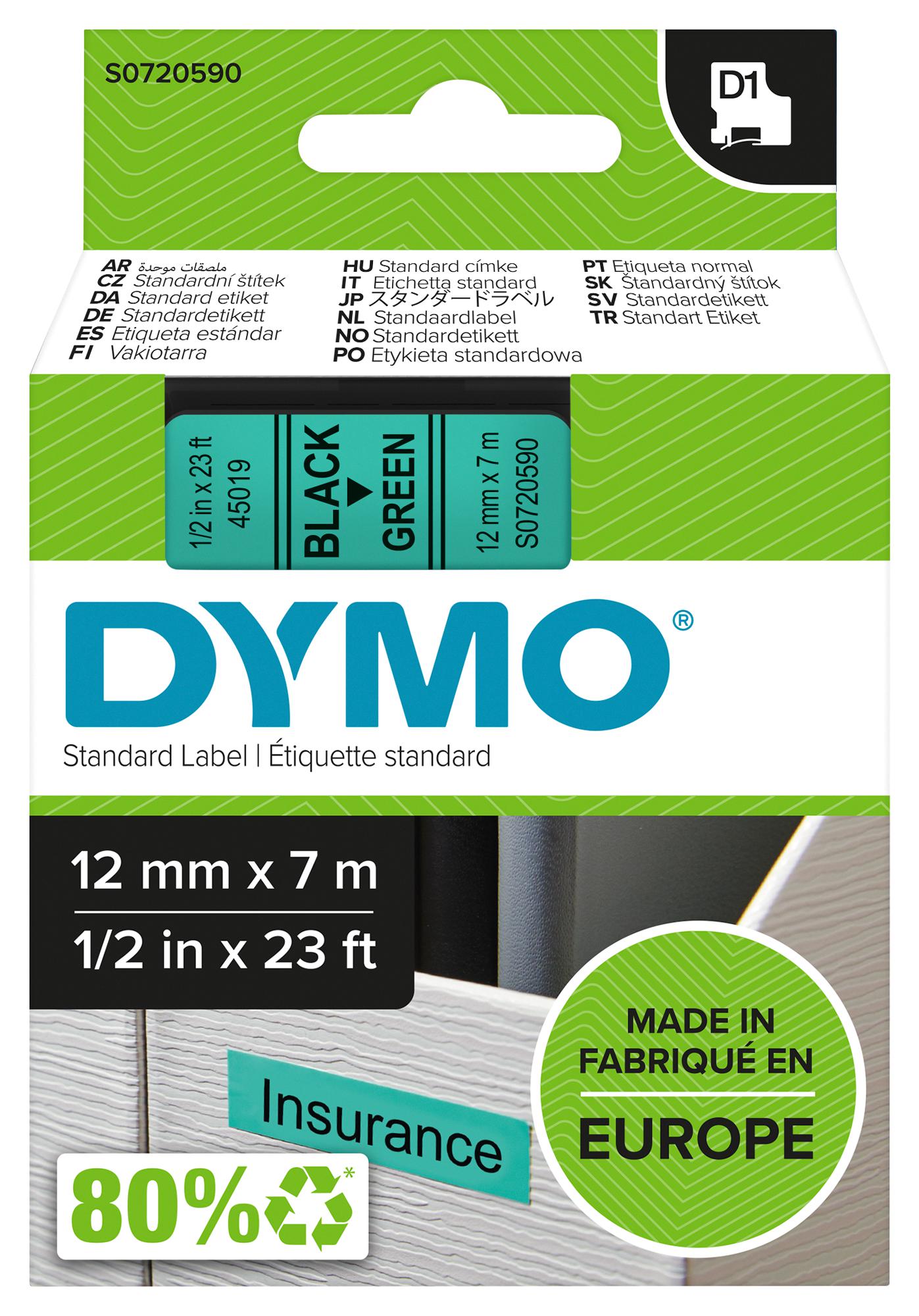 Dymo 45019 Tape, Black/green, 12Mm