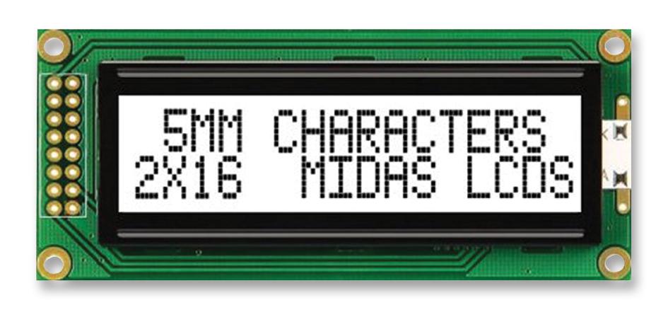 Midas Displays Mc21605B6Wk-Fptlw-V2 Display, Alphanumeric, 16X2, White