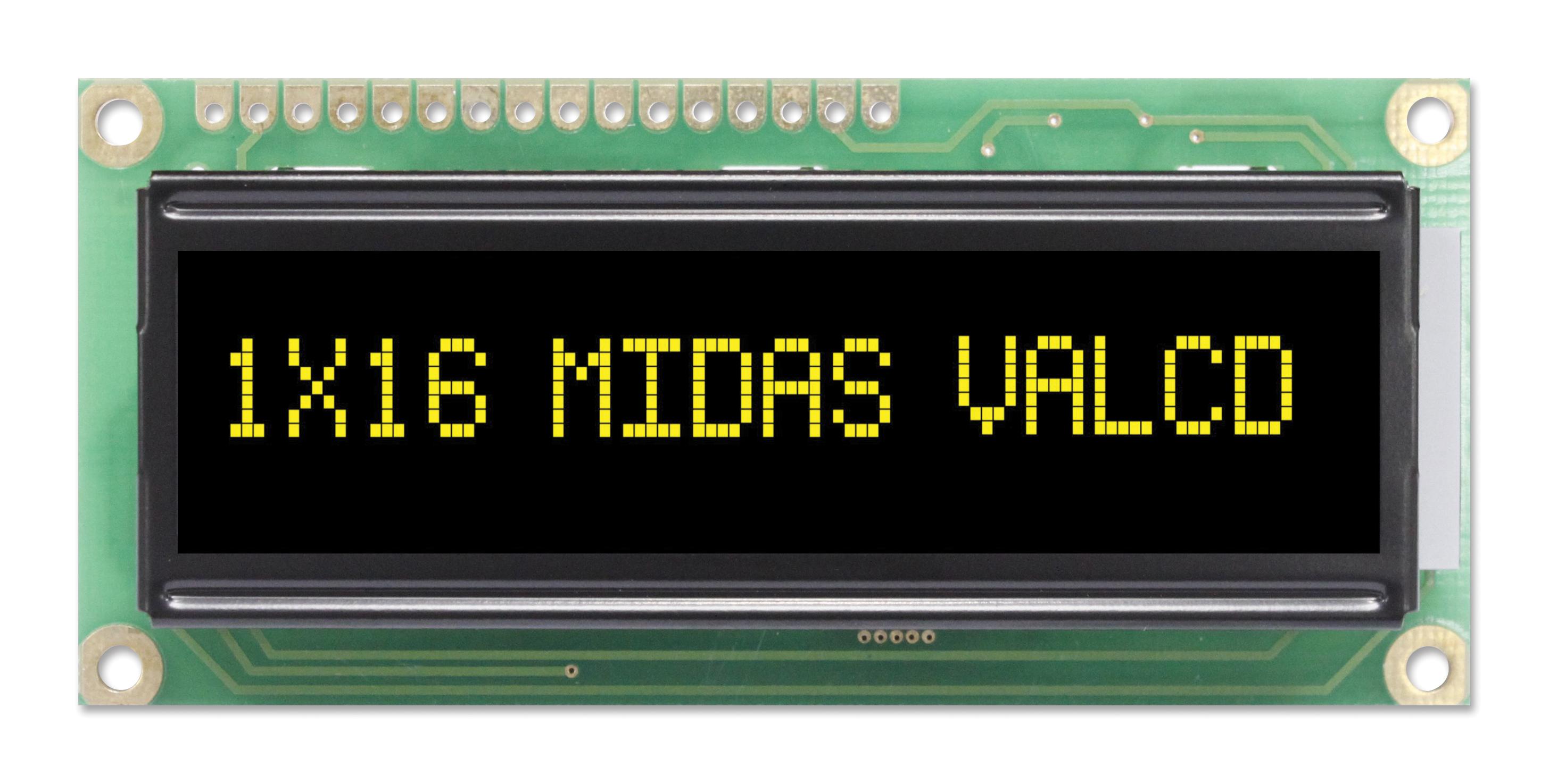 Midas Displays Mc11605A12W-Vnmly Lcd, Alpha-Num, 16 X 1, Yellow-Green