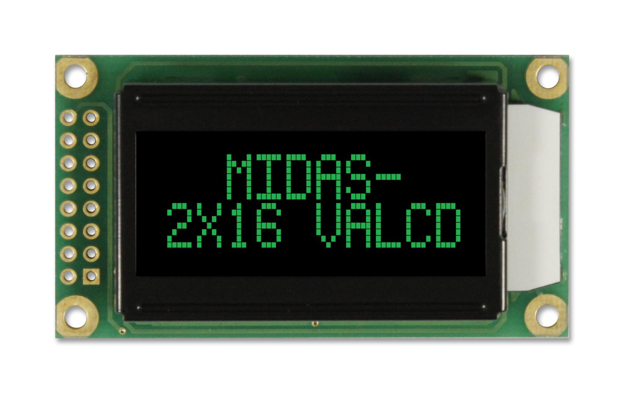 Midas Displays Mc20805A12W-Vnmlg Lcd, Alpha-Num, 8 X 2, Green