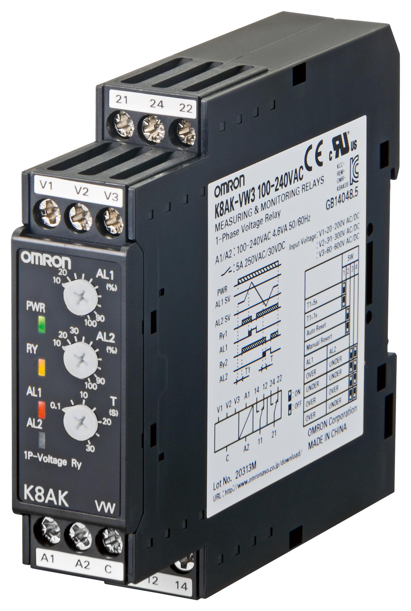 Omron Industrial Automation K8Akvs2100240Vac Voltage Sensing Relay, 5A/240V/din Rail