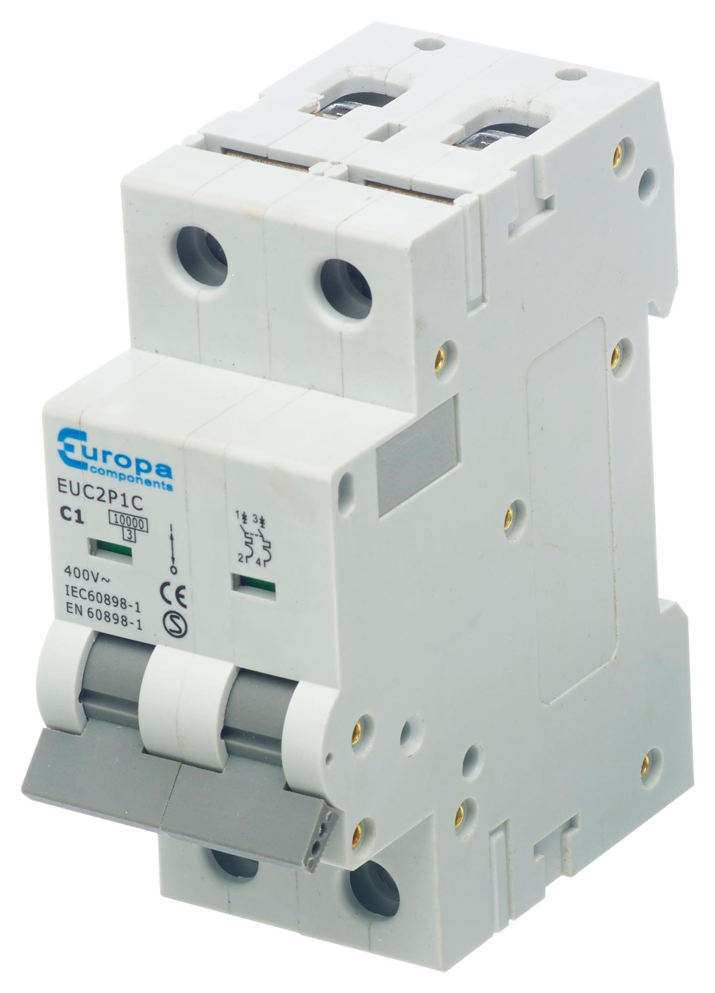 Europa Euc2P1C Circuit Breaker, 2 Pole, 1A, 230Vac