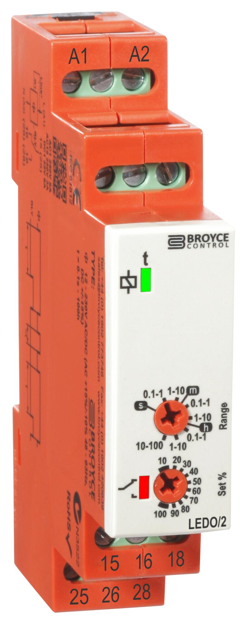 Broyce Control Ledo/2 12-230V Ac/dc Delay-On-Operate Timer, 0.1S-100H, Dpdt