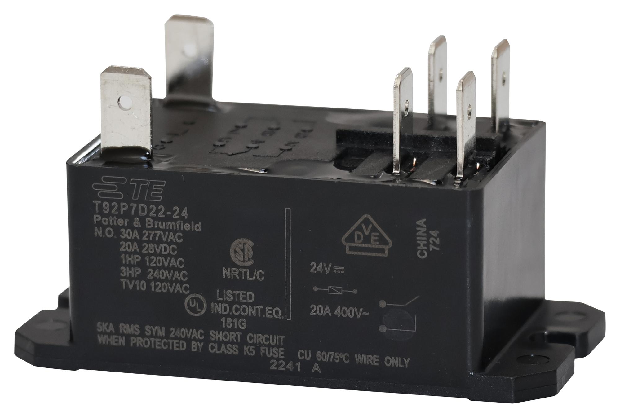 Potter&brumfield - Te Connectivity T92P7D22-24 Relay, Dpst-No, 277Vac, 28Vdc, 30A