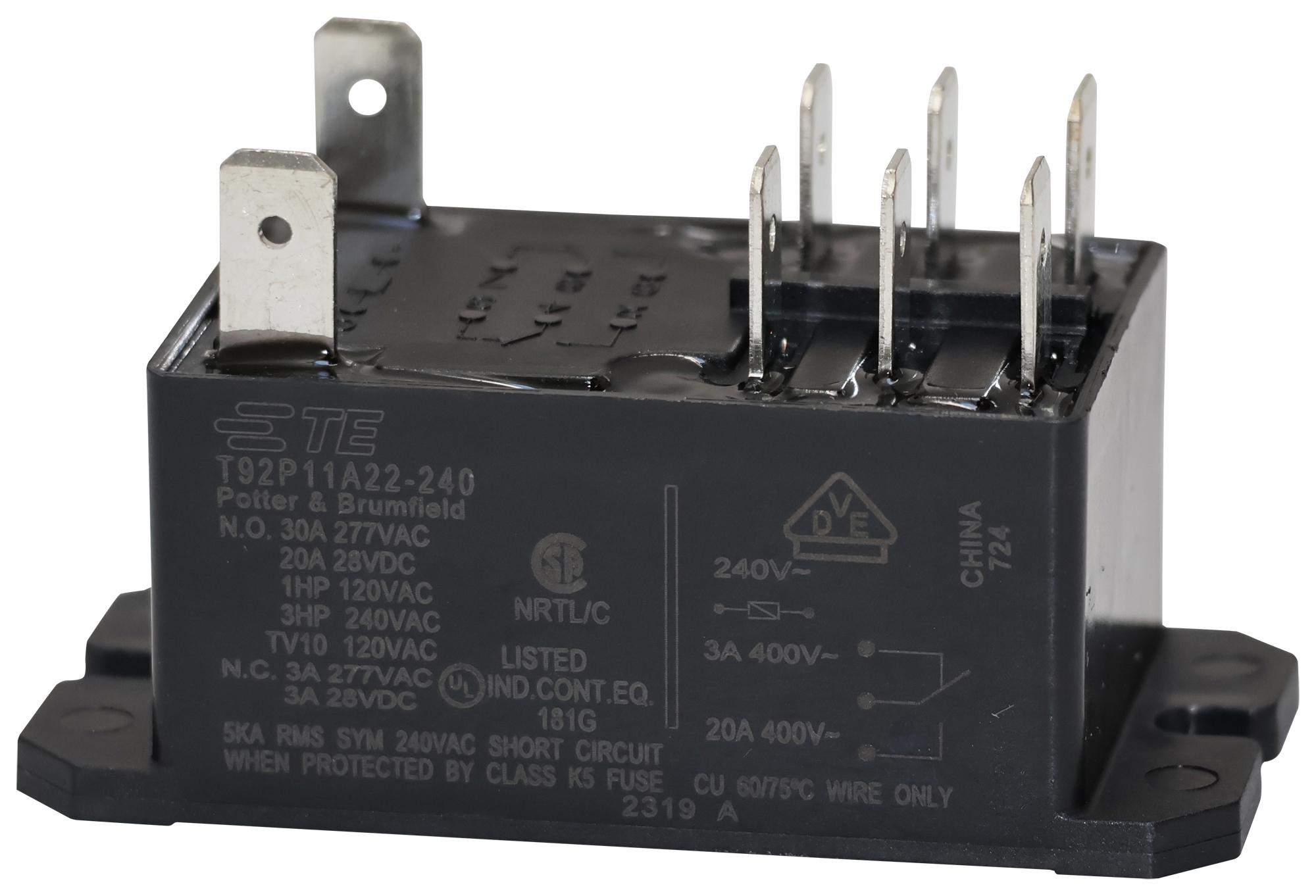 Potter&brumfield - Te Connectivity T92P11A22-240 Relay, Dpdt, 277Vac, 28Vdc, 40A