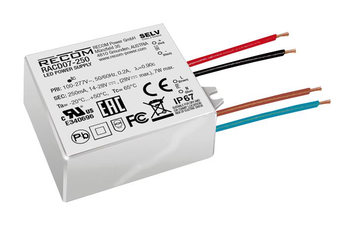 Recom Power Racd07-350 Led Driver, Ac-Dc, Cc, 0.35A, 21V