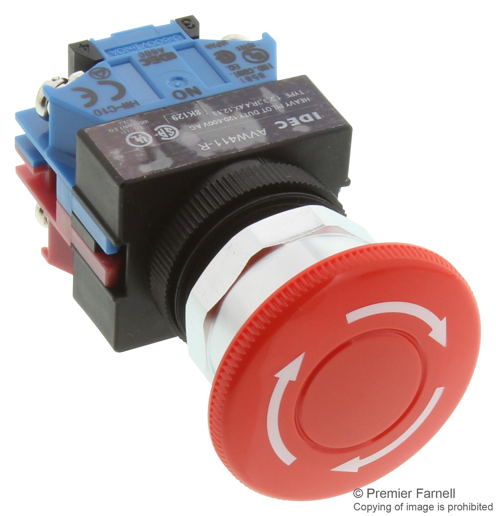 Idec Avw411-R Switch, Emergency Stop, 1No/1Nc, 600Vac