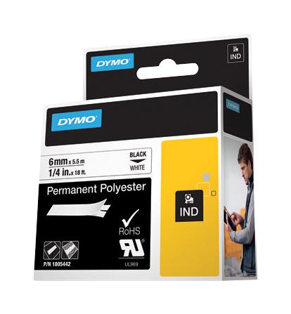 Dymo 1805442 Polyester Tape, Adhesive, White On Black