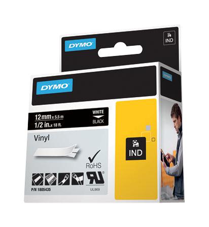 Dymo 1805435 Vinyl Tape, Adhesive, White On Black