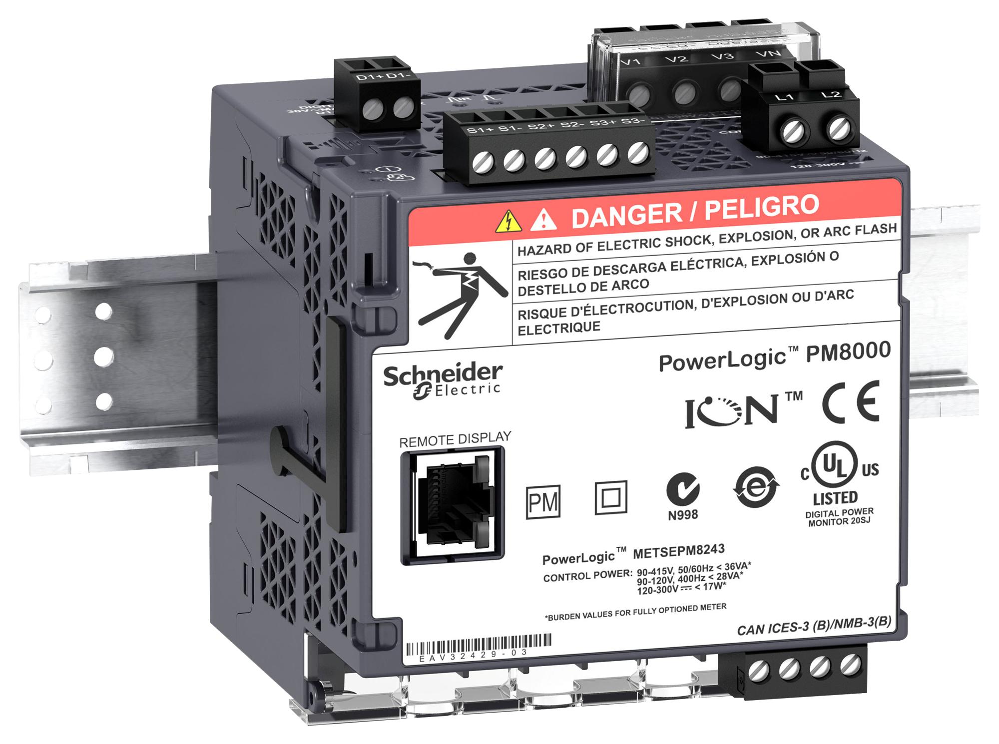 Schneider Electric Metsepm8243 Power Meter, 3-Ph, 90-415Vac, Din Rail