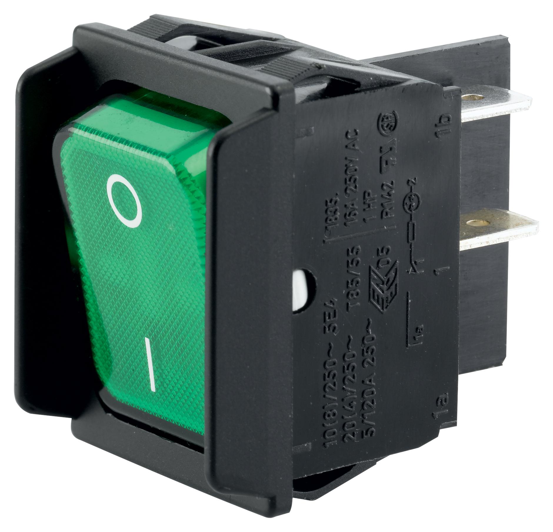 Marquardt 01835.3608-00 Rocker Switch, Dpst, 20A, 250Vac, Green