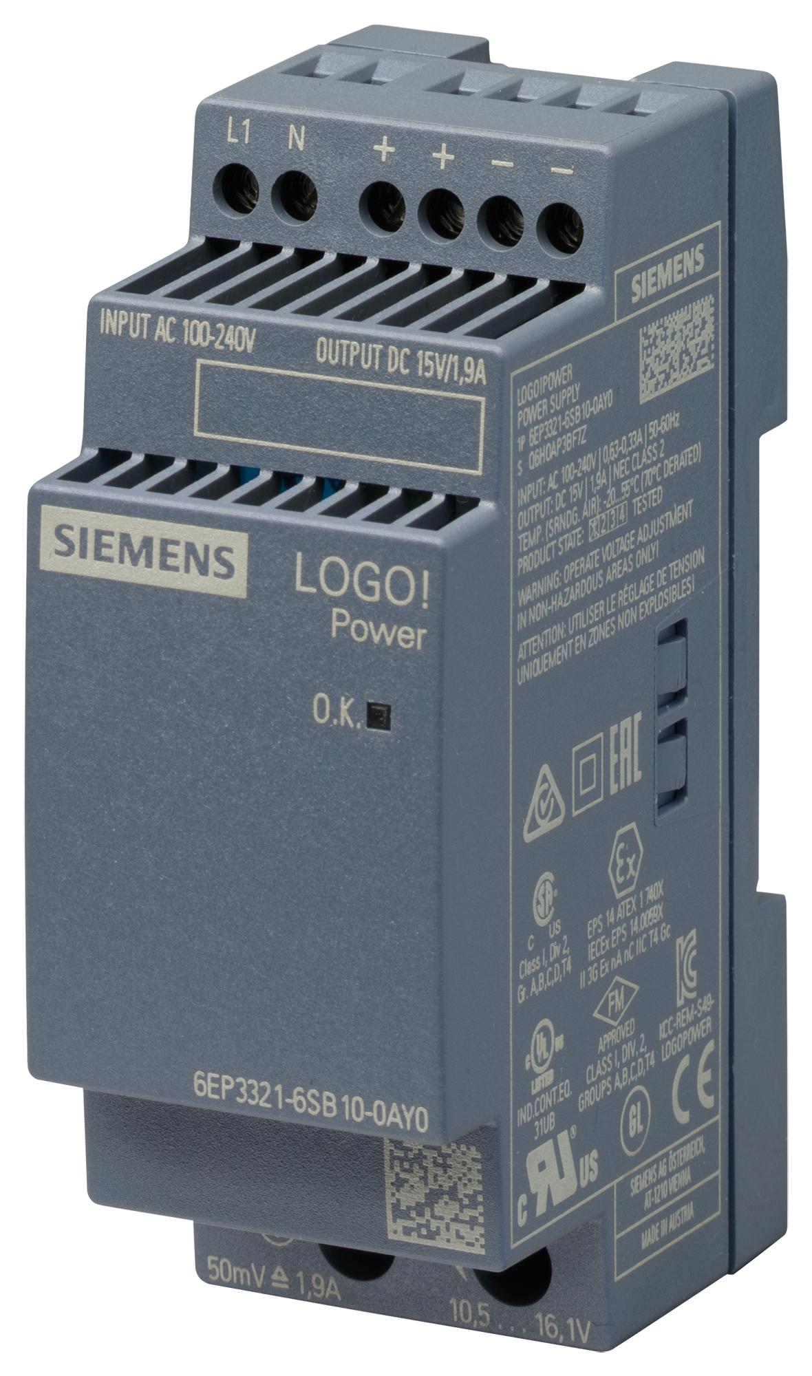 Siemens 6Ep3321-6Sb10-0Ay0 Power Supply, Ac-Dc, 15V, 1.9A