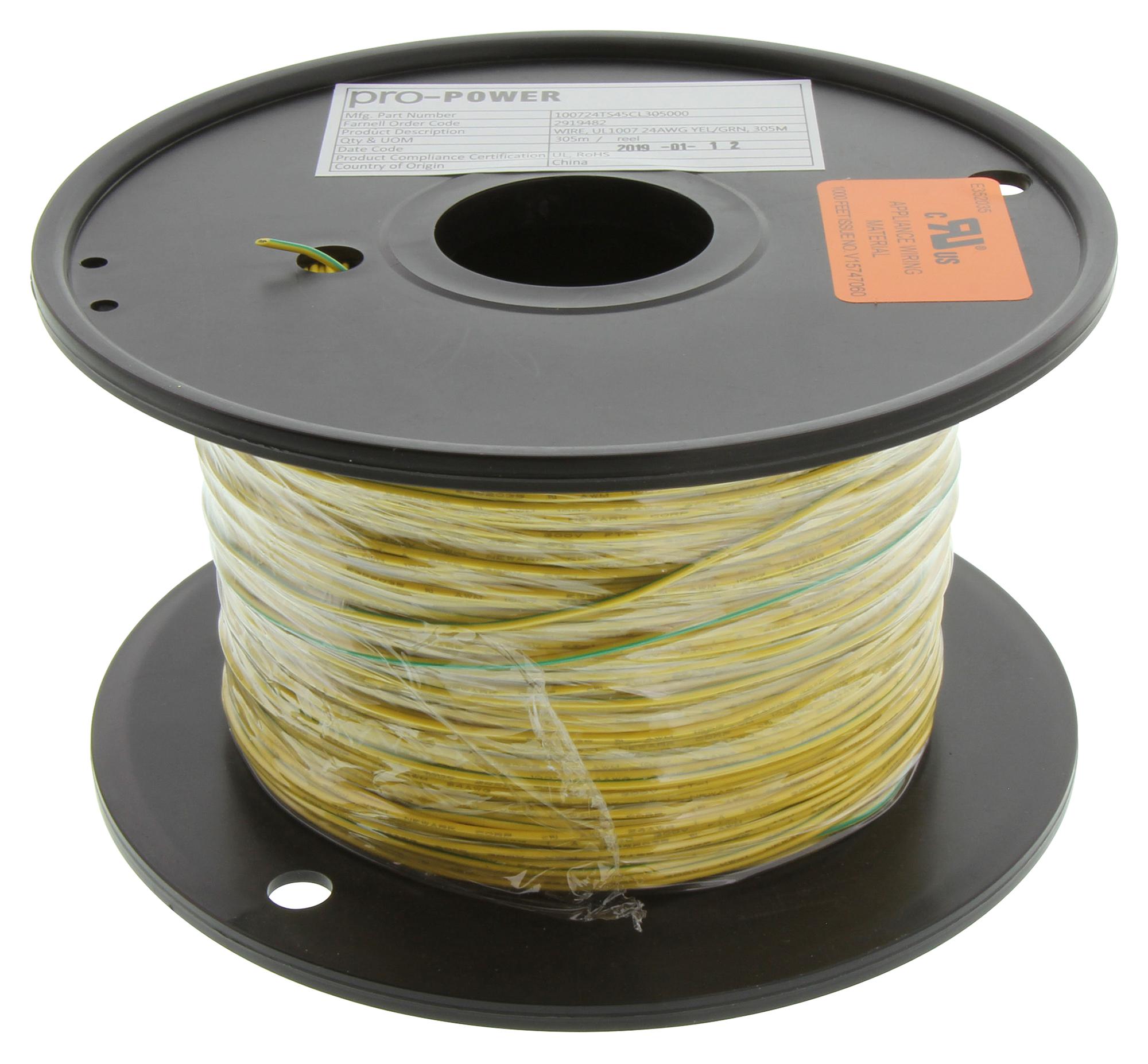 Multicomp Pro Pp002323 Hook-Up Wire, 24Awg, Yel/grn, 305M, 300V