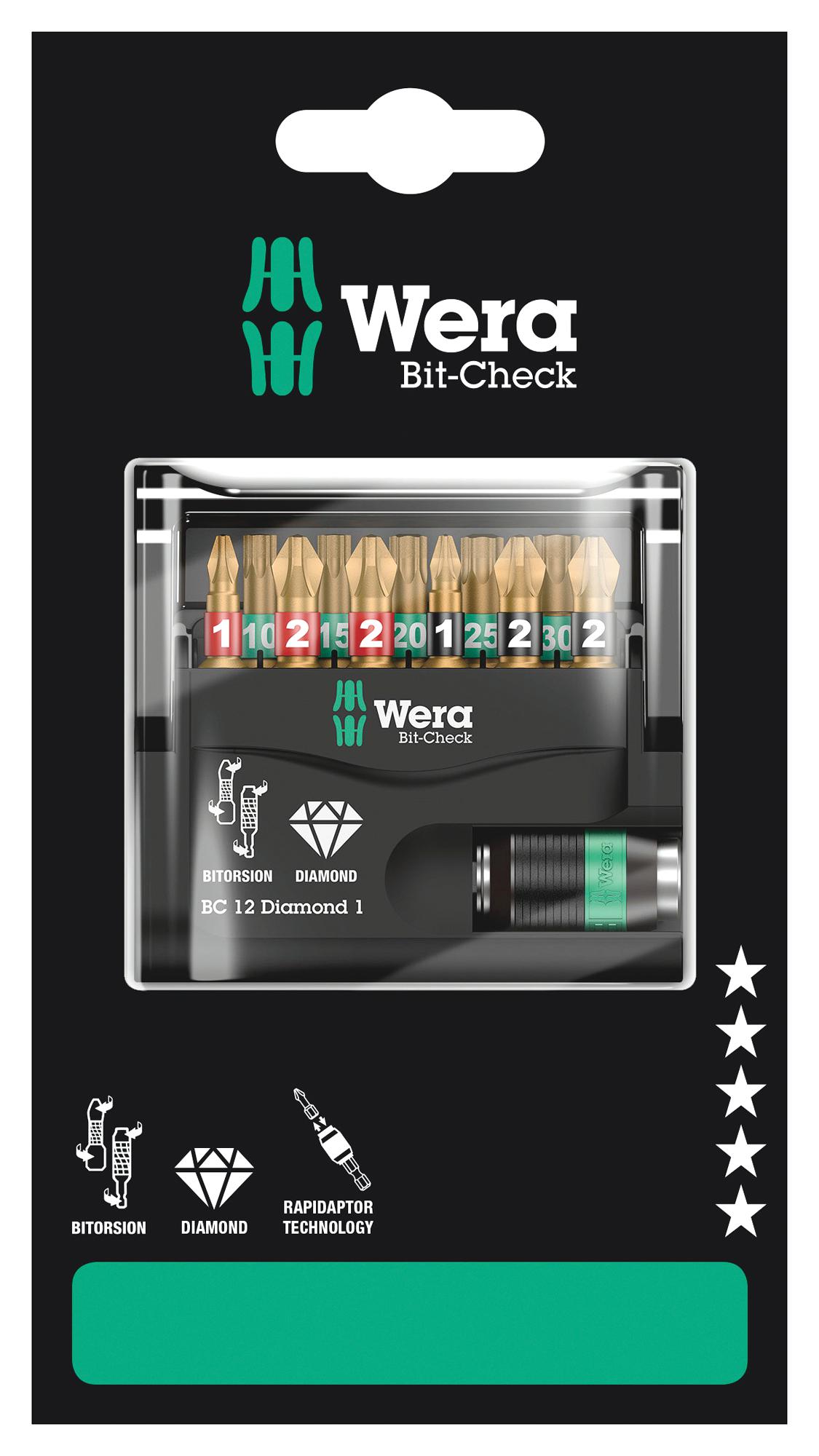 Wera Bit-Check 12 Diamond 1 Sb Hex Bit Set, 12Pc