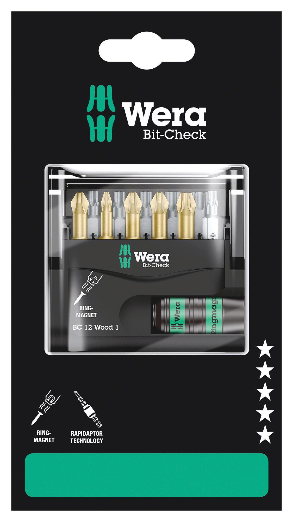 Wera Bit-Check 12 Wood 1 Sb Hex Bit Set, 12Pc