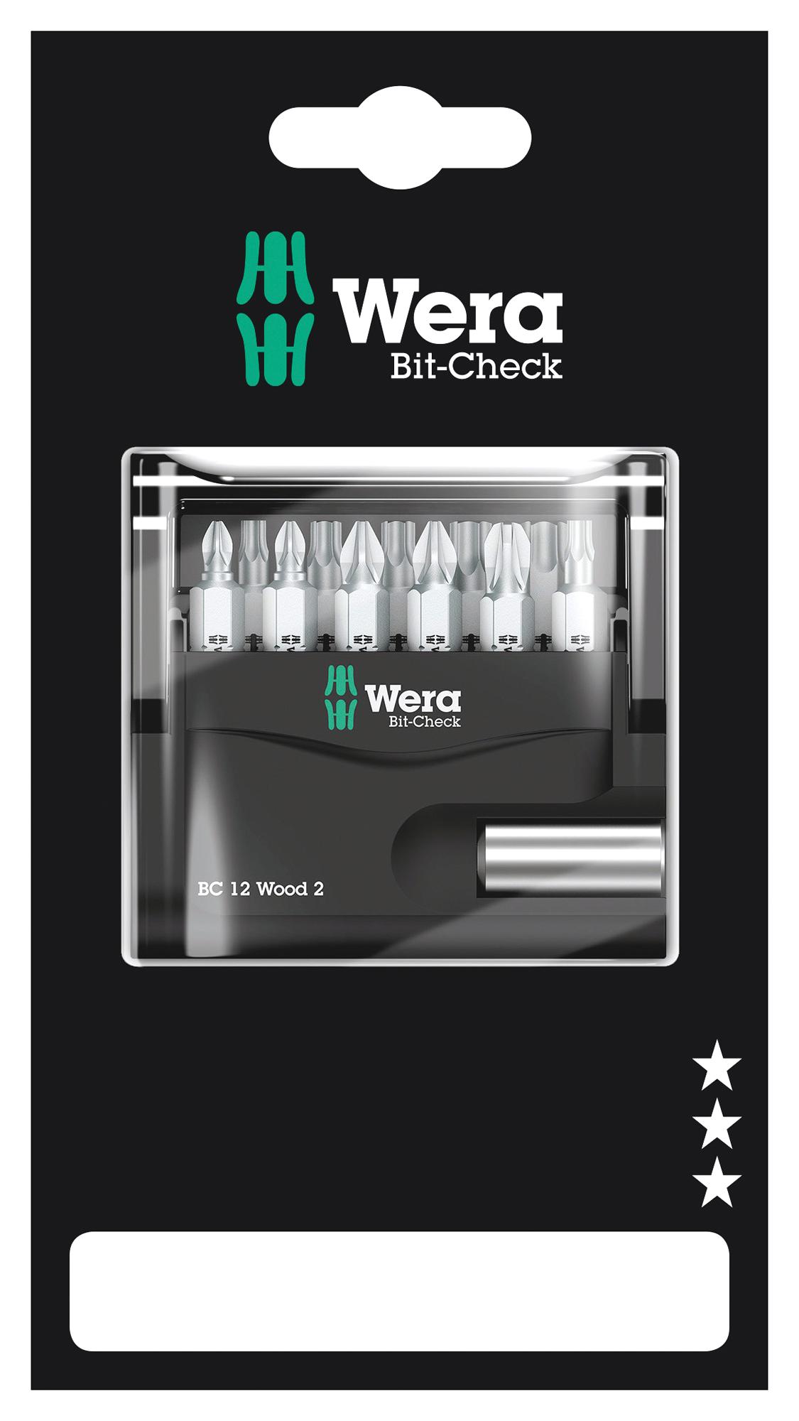 Wera Bit-Check 12 Wood 2 Sb Hex Bit Set, 12Pc