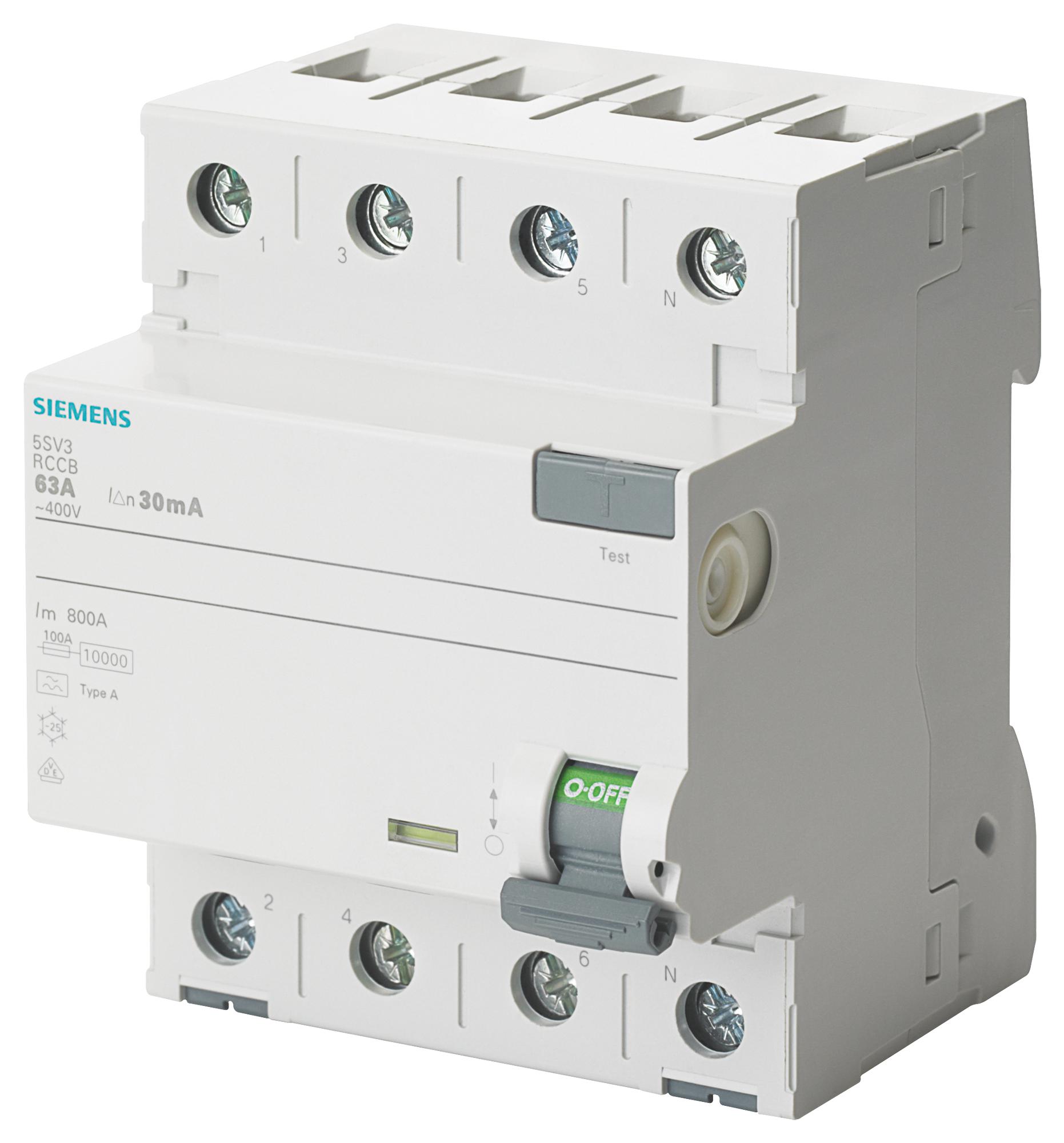 Siemens 5Sv3346-6 Rccb, 4P, 63A, 400Vac