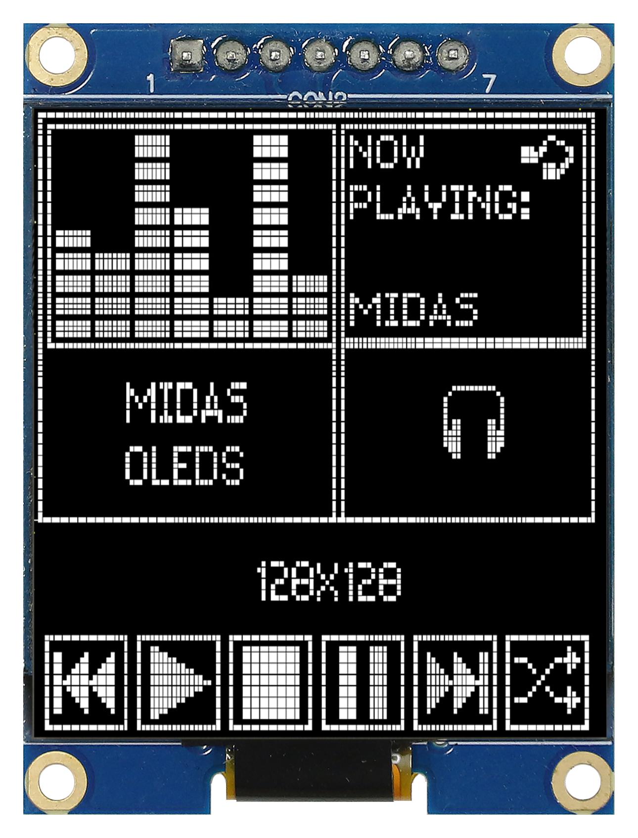 Midas Displays Mdob128128Cv-Ws Oled Graphic Display, Cob, Spi, 3.3V