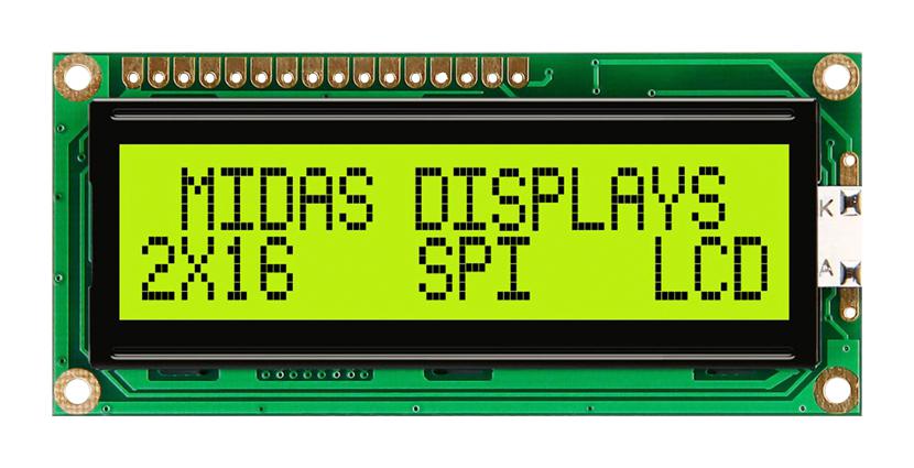 Midas Displays Mc21605C6W-Sptlys-V2 Lcd Module, 16 X 2, Cob, 5.55Mm, Stn