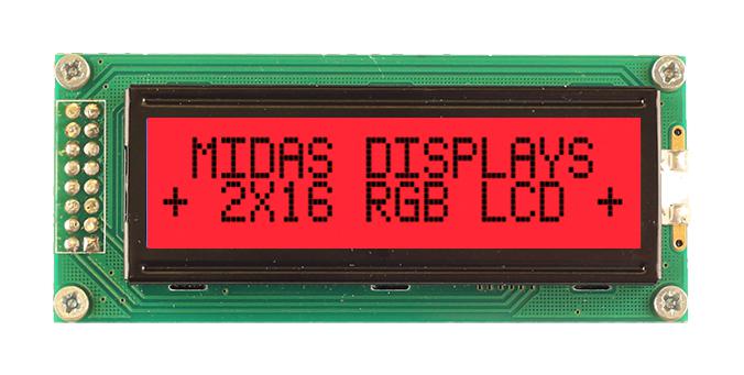 Midas Displays Md21605B6W-Fptlrgb Lcd Module, 16 X 2, Cob, 5.23Mm, Fstn