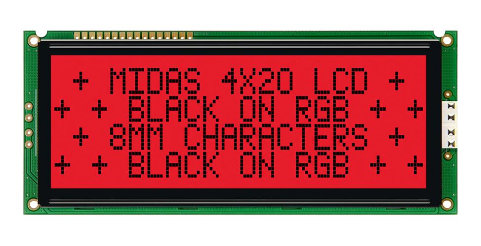 Midas Displays Md42008A6W-Fptlrgb Lcd Module, 20 X 4, Cob, 9.22Mm, Fstn