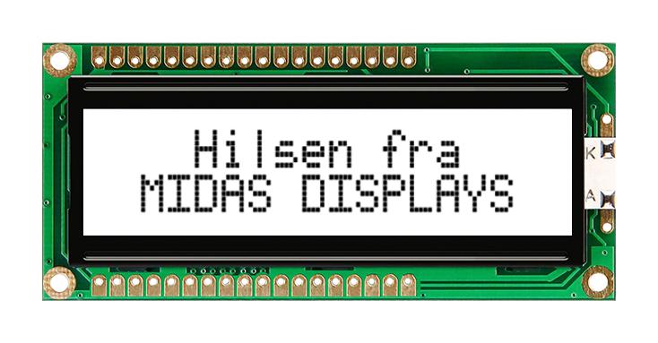 Midas Displays Mc21605G6Wm-Fptlw-V2 Lcd Module, 16 X 2, Cob, 5.23Mm, Fstn