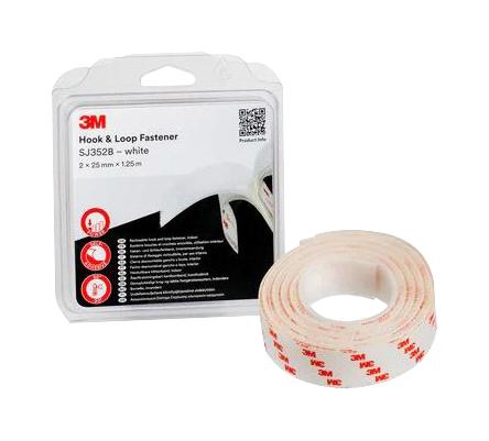 3M Sj352B, White, 1.25M X 25Mm Tape, Hook And Loop, White, 1.25M X 25Mm