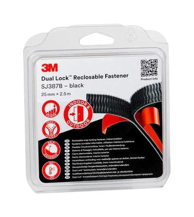 3M Sj387B, Black, 2.5M X 25Mm Tape, Hook And Loop, Black, 2.5M X 25Mm