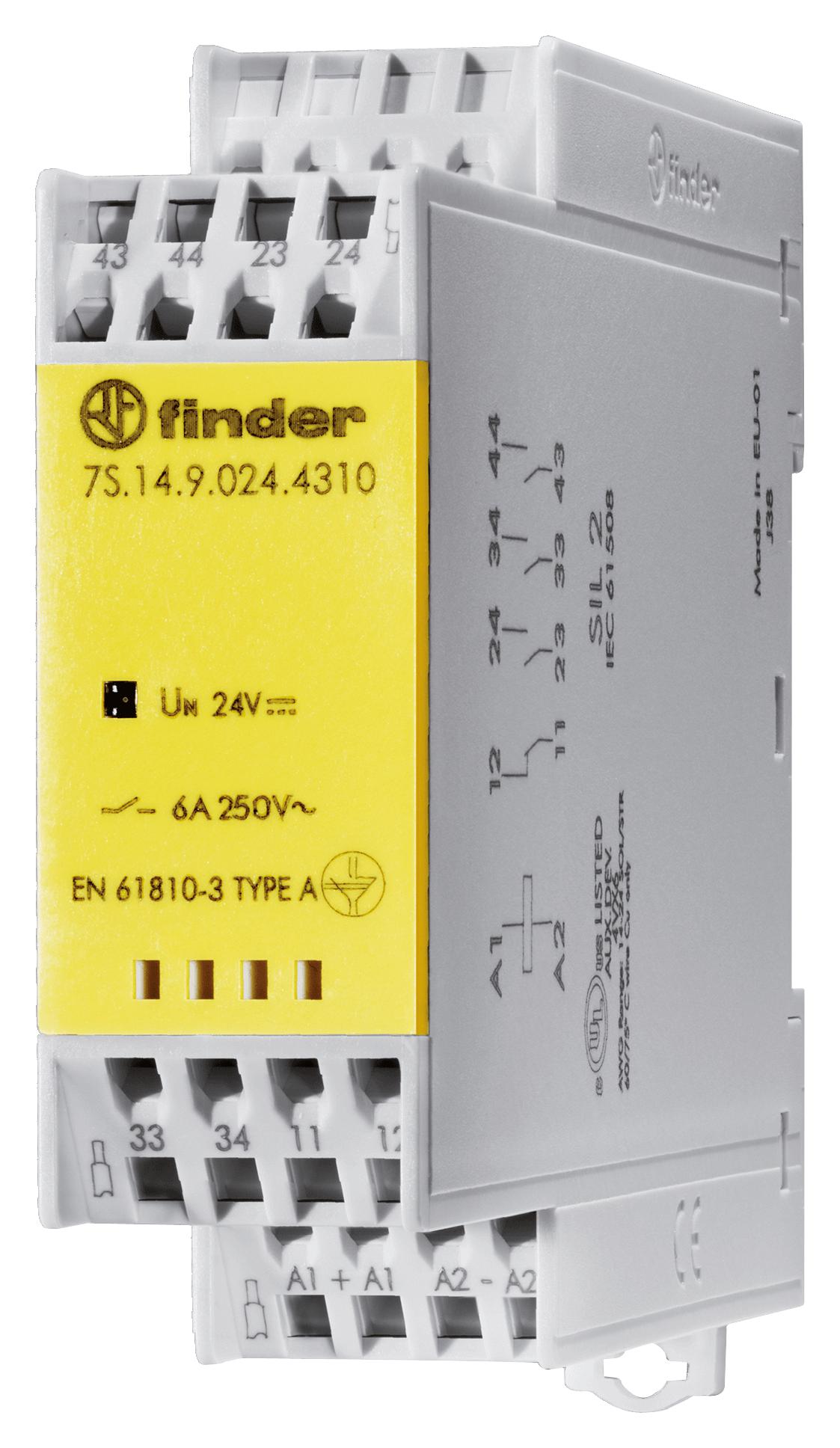 Finder 7S.14.9.024.4310 Safety Relay, 3No/1Nc, 6A, 250Vac