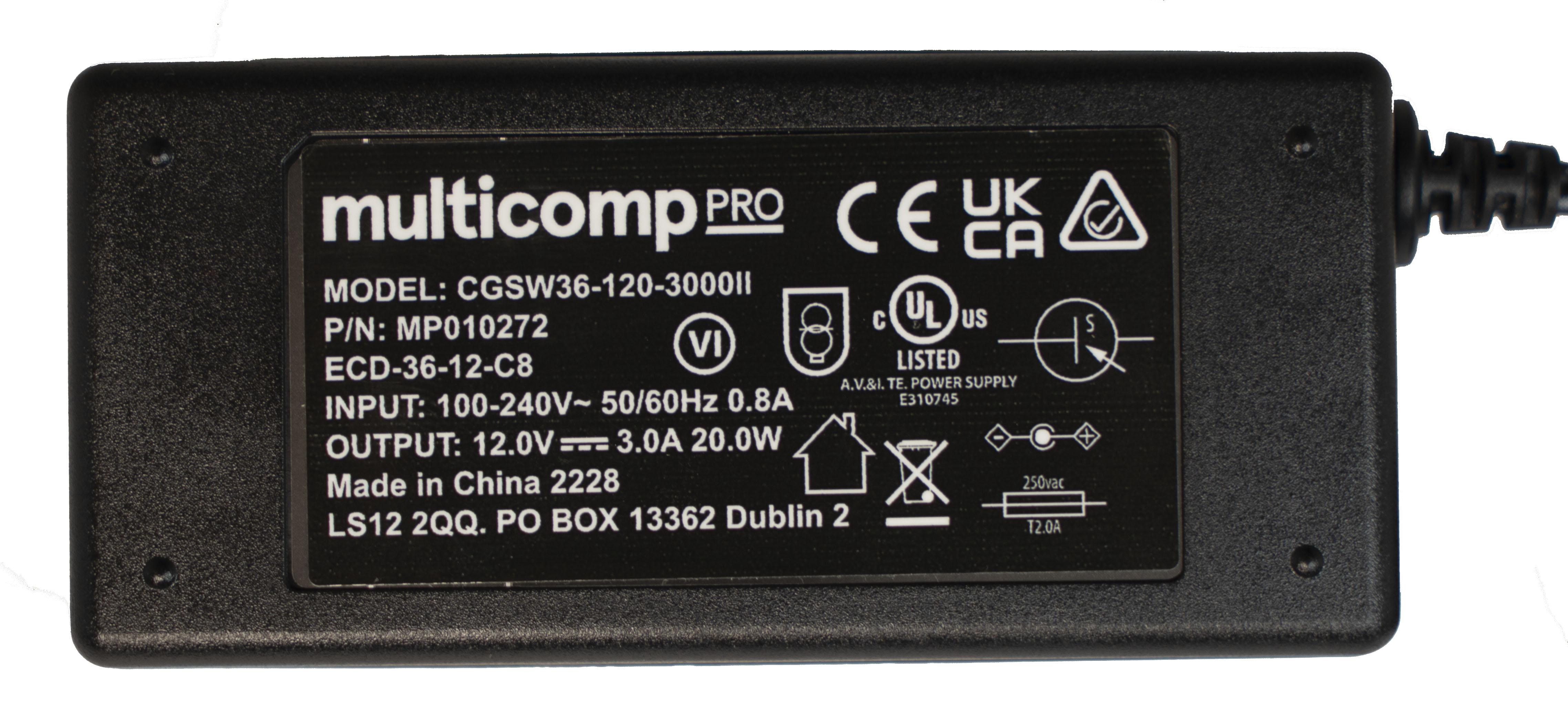 Multicomp Pro Mp010272 Power Supply, Ac-Dc, 1O/p, 3A, 12Vdc