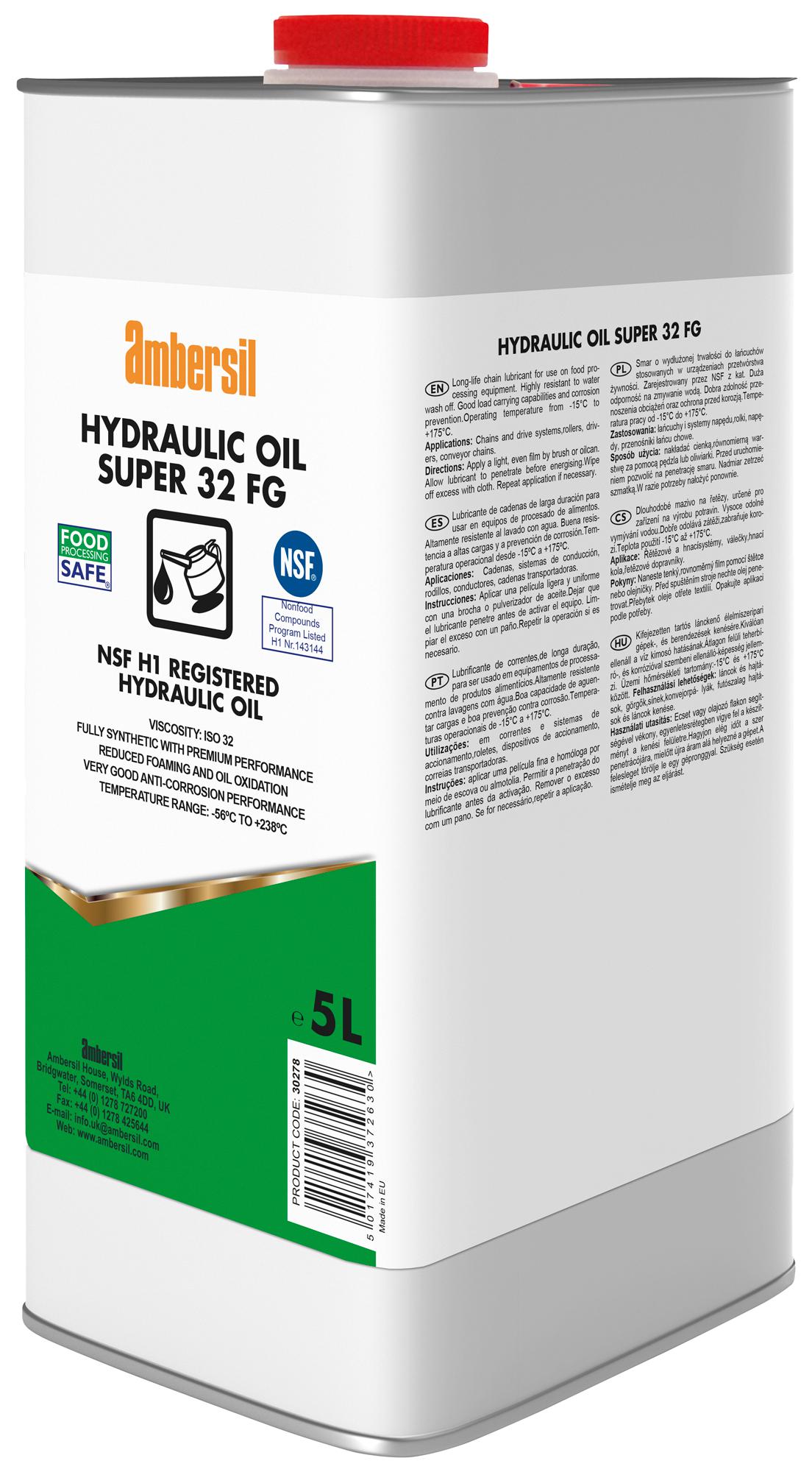 Ambersil Hydraulic Oil Super 32 Fg, 5Ltr Lubricant, Hydraulic Oil, Can, 5L