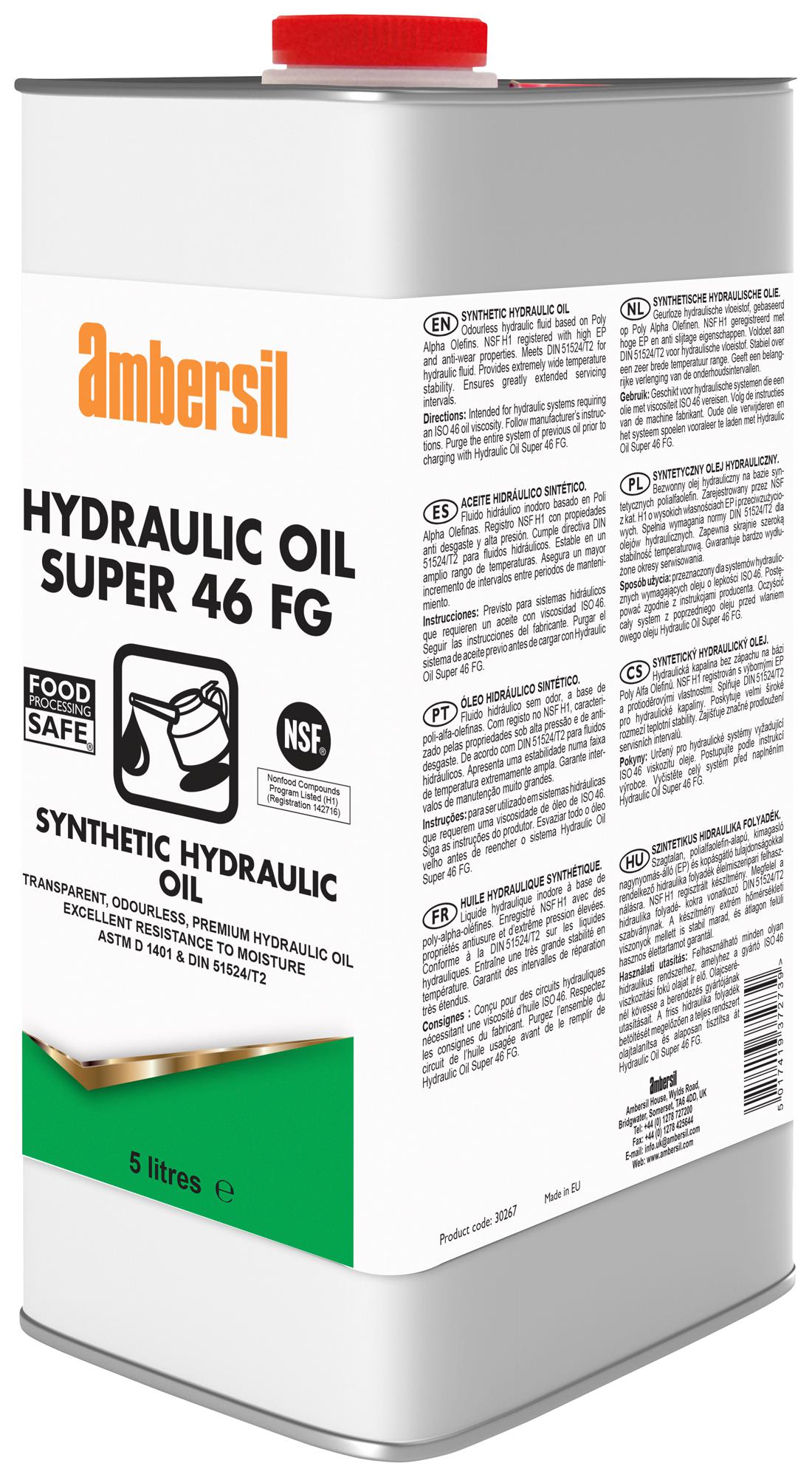 Ambersil Hydraulic Oil Super 46 Fg , 5Ltr Lubricant, Hydraulic Oil, Can, 5L