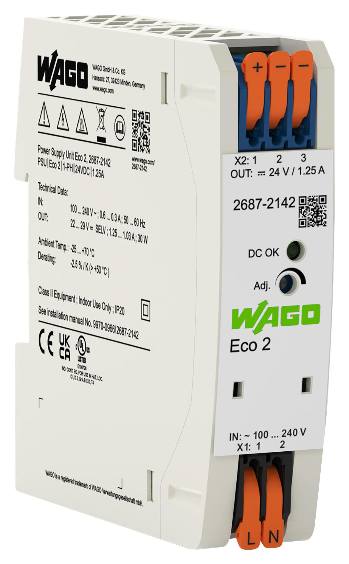 Wago 2687-2142 Power Supply, Ac-Dc, 24V, 1.25A