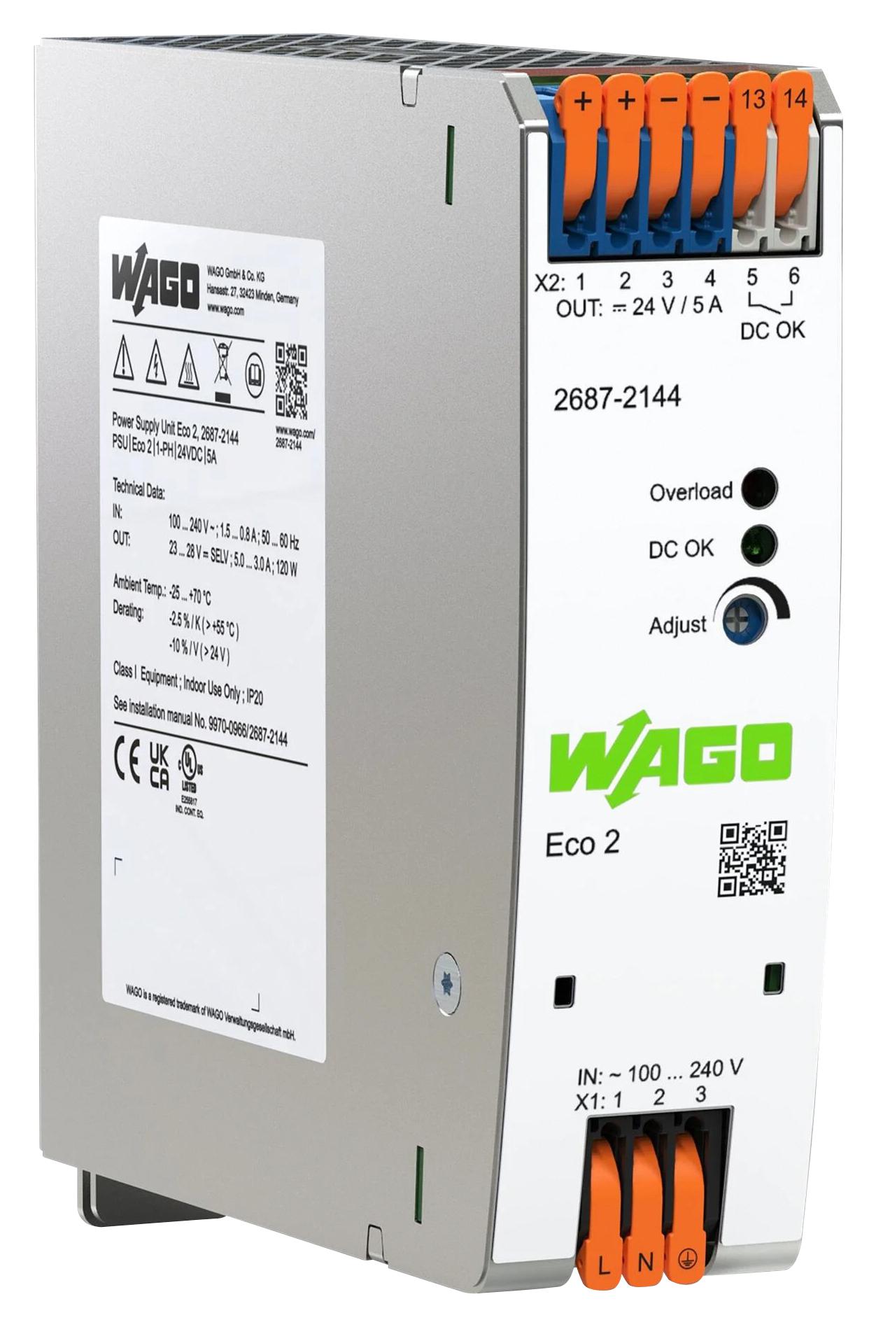 Wago 2687-2144 Power Supply, Ac-Dc, 24V, 5A