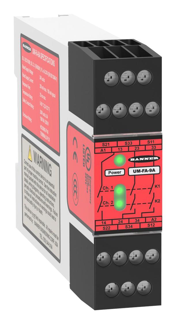 Banner Engineering Um-Fa-9A Safety Relay, 3Pst-No, 6A, 24V, Din Rail