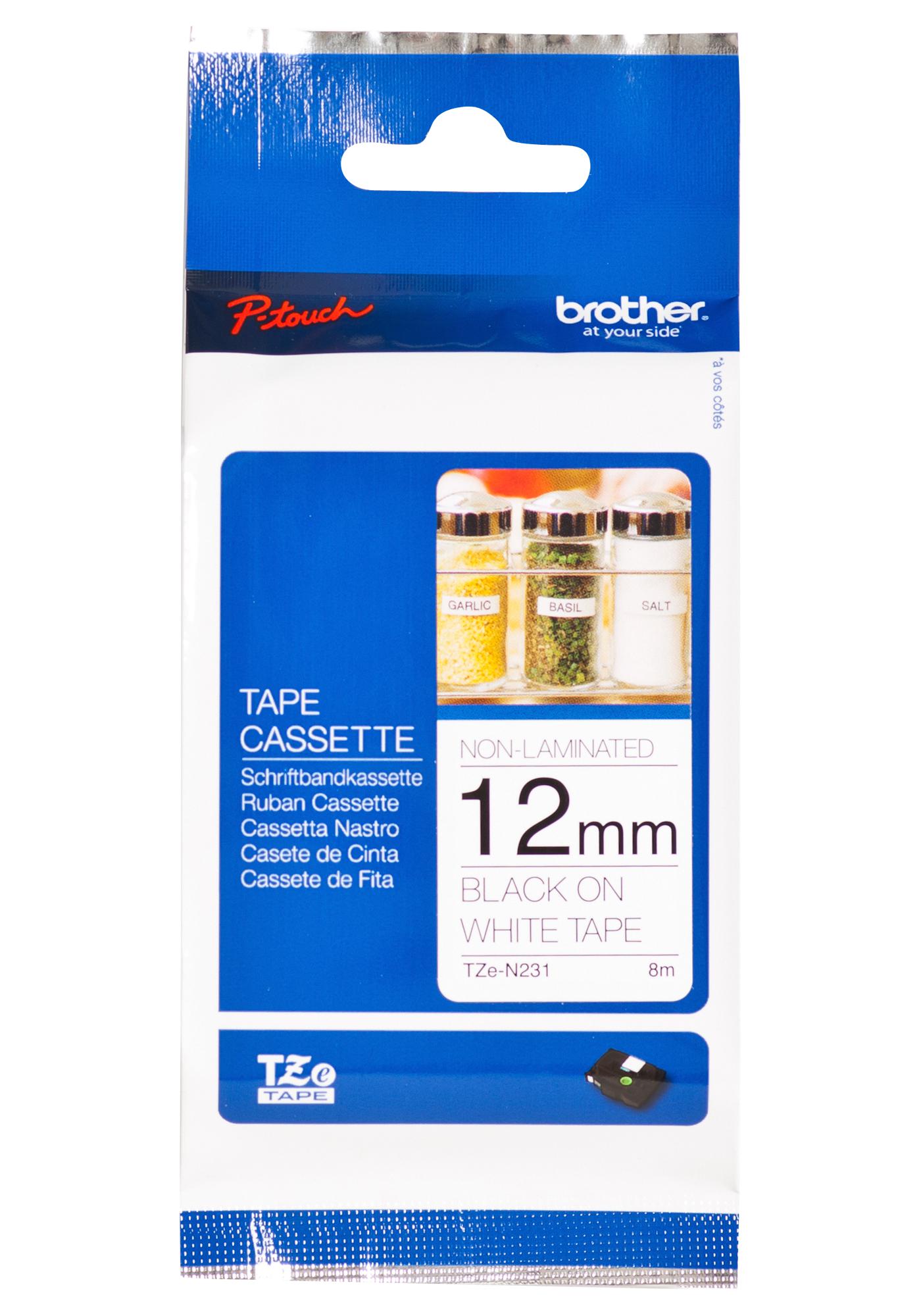 Brother Tze-N231 Tape, Black On White, 12Mm W, 8M L