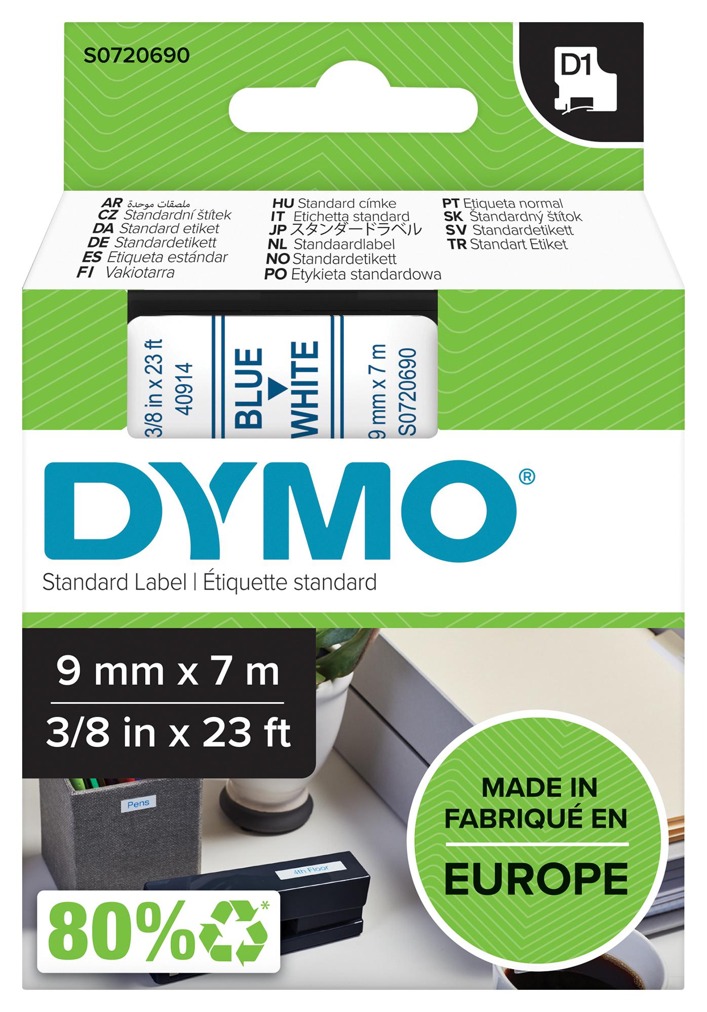 Dymo 40914 Tape, Blue/white, 9Mm