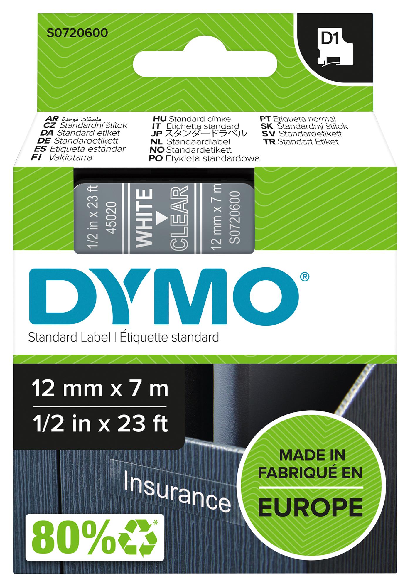 Dymo 45020 Tape, White/clear, 12Mm