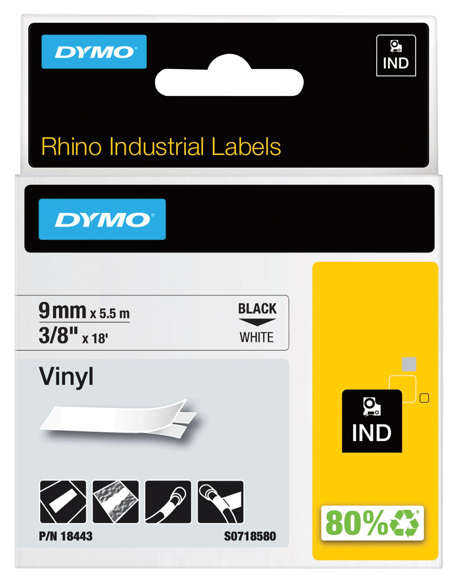 Dymo 18443 Tape, Perm, Vinyl, 9Mmx5.5M, White