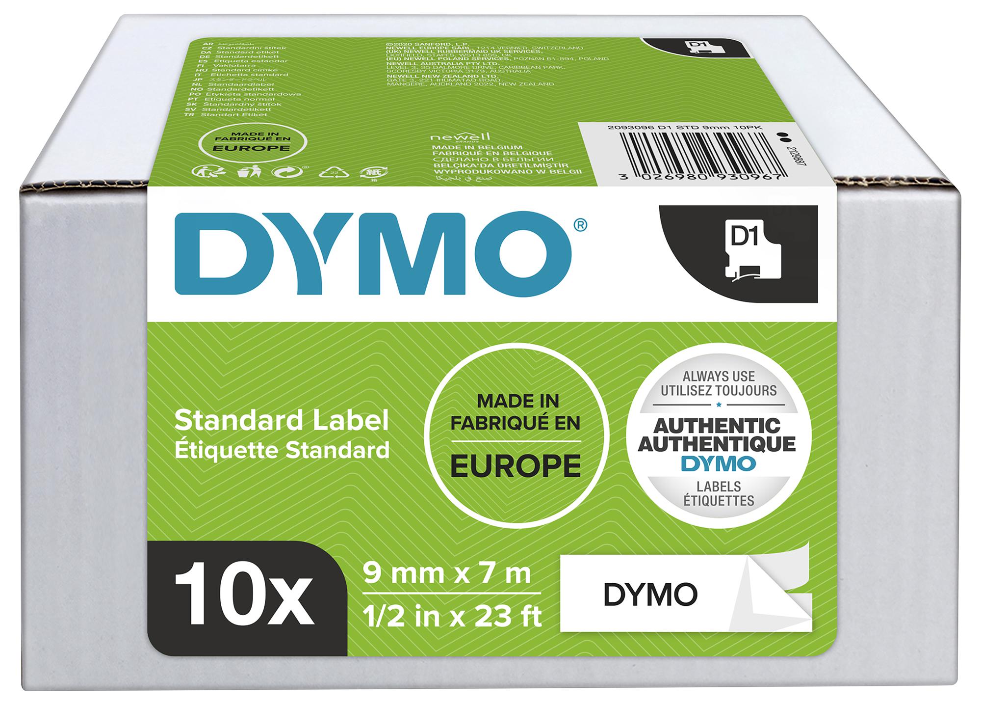 Dymo 2093096 Label Printer Tape, 9Mm X 7M, Blk/wht