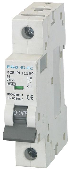 Pro Elec Aub7 1P  B6A Thermal Mag Ckt Breaker, 1P, 6A, 230Vac