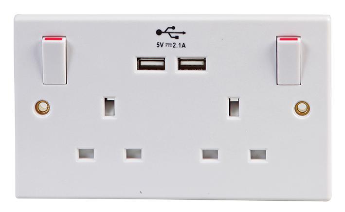 Pro Elec 2213U Switched Socket, 2-Gang, 13A, 250V