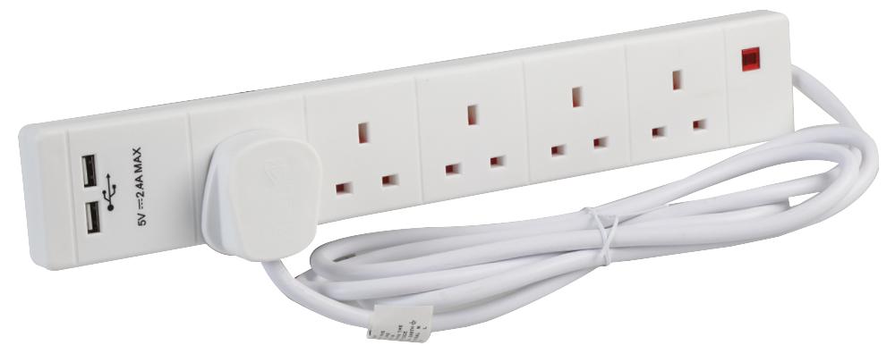 Pro Elec 2068Su Wht Ext Lead 5 Gang With Usb  Wht 2M