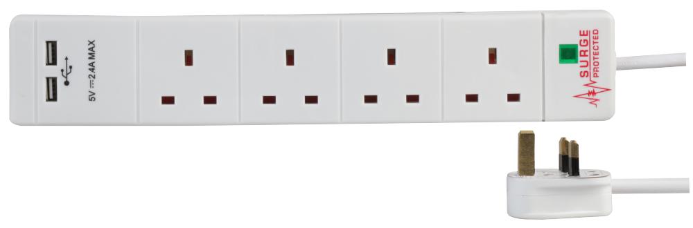 Pro Elec Pel00097 Extension 4 Gang Surge, 2 Usb, White 2M